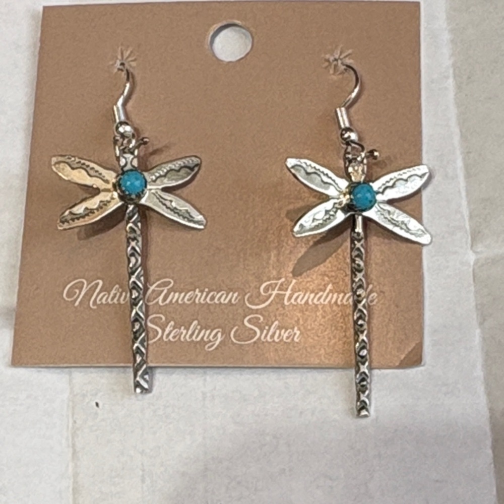 Native Sterling Silver Dragonfly Earrings with Turquoise Centers - Picture 2 of 4